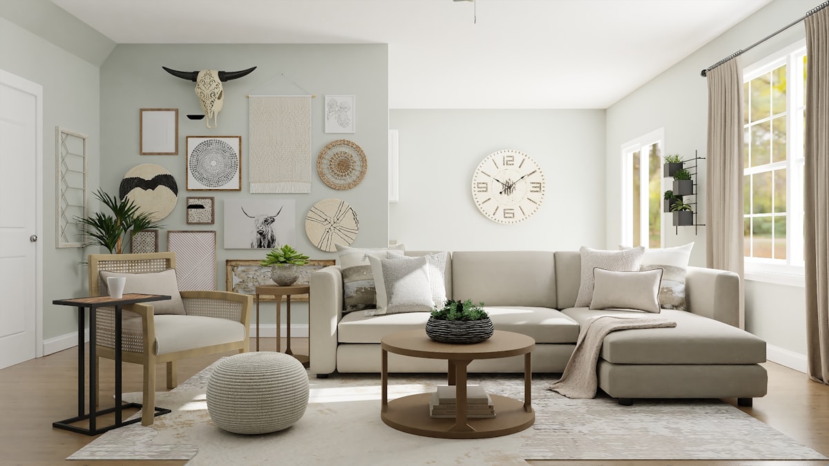 maximalist gallery wall with mixed frames and eclectic art in living room